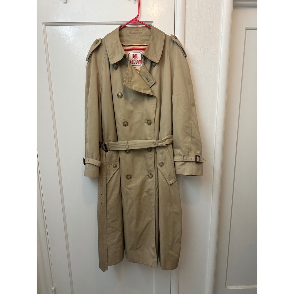 Baracuta Mens Vintage Double Breasted Trench Coat Tan Khaki Belted Size 44 Reg